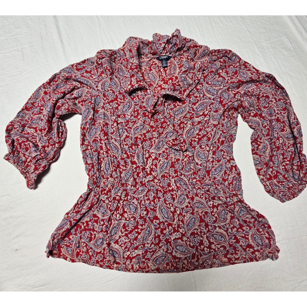 Chaps Paisley Blouse Women Medium Red Blue Ruffle Neck Elastic Waist Boho Top
